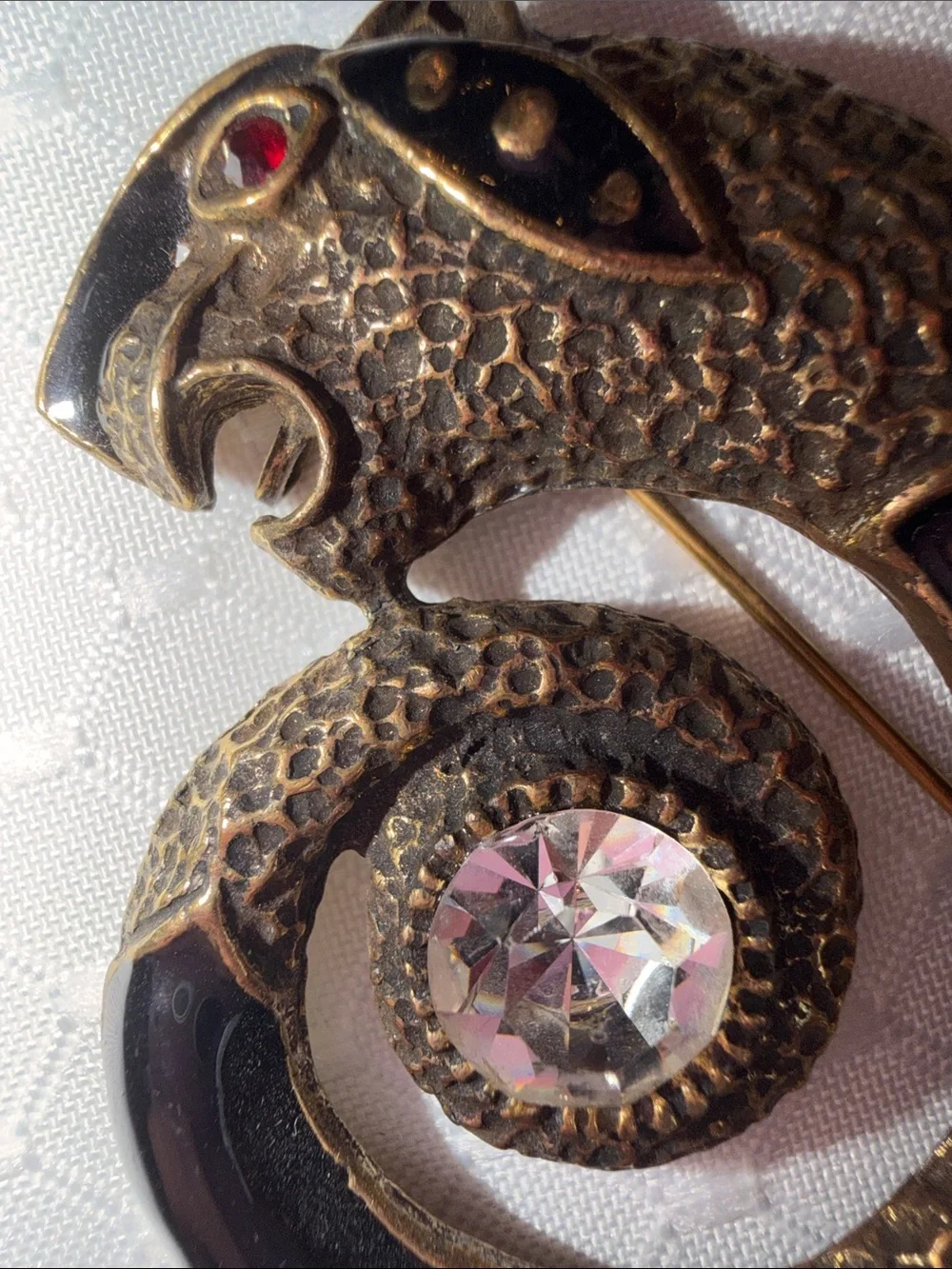 Vintage CORO Brass tone PANTHER Serpent Black Enamel Glass Crystal pin